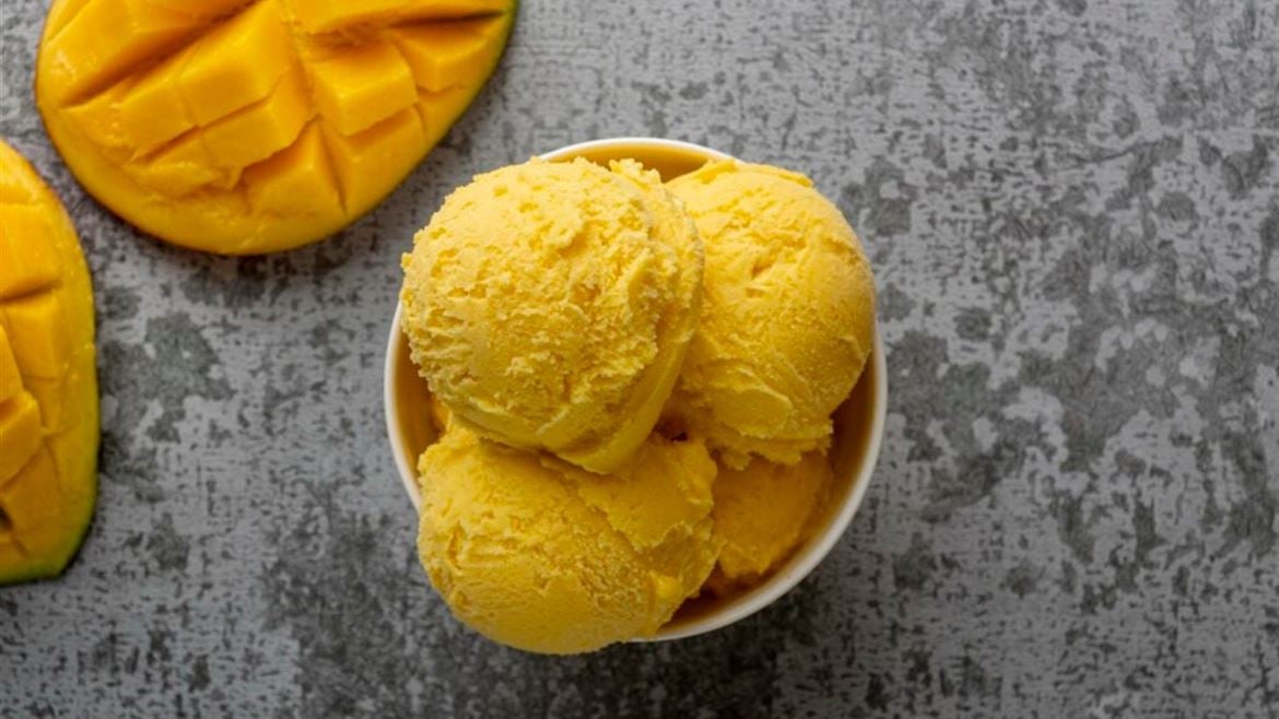 A bowl of yellow ice cream